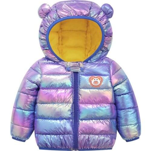Childrens Down Padded Jacket Boys Girls Cotton-Padded Clothes Toddler Short Bright Leather Lightweight Baby Jacket Bear Light