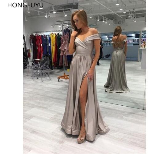 HONGFUYU A Line Prom Evening Dresses Long Satin Floor Length Vestidos De Festa Longo Off the Shoulder Prom Party Gowns with Slit