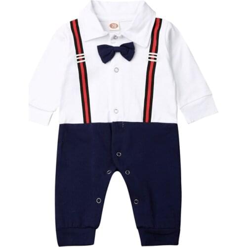 Gentleman Kids Baby Boys Bow Tie Jumpsuit Romper Tops Long Sleeve Cotton Autumn Clothes Outfits