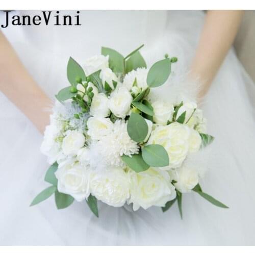 JaneVini Ivory Silk Roses Wedding Fake Flowers Bridal Bouquets Korea Artificial Bride Flower Bouquet Feather Brooch Accessories