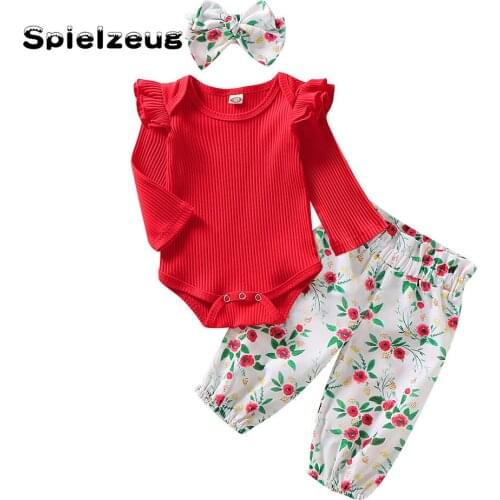 3Pcs Newborn Infant Baby Girls Clothes Ruffles Long Sleeve Solid Romper Bodysuit+Floral Pants+Headband Outfits Set roupa#g4