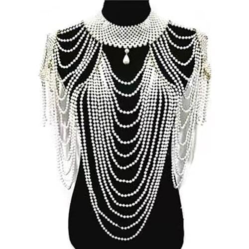 Fashion tassel design handmade Pearl shoulder chain big size necklace pearl-body-chain for women jewelry wedding dress accessor
