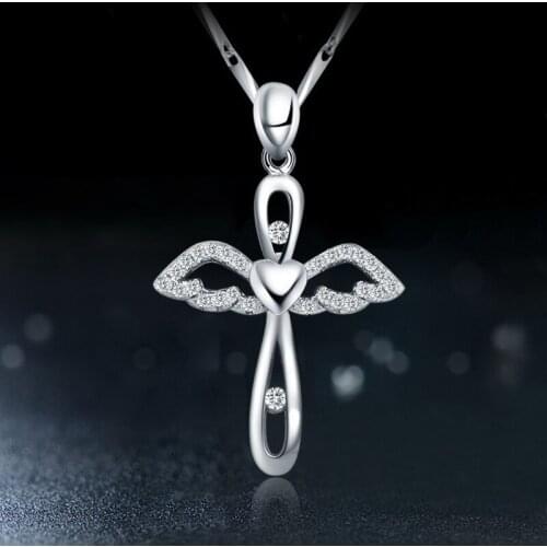 Trendy Romantic Heart Cross Necklace for Women Angel Wings Zircon Pendant Clavicle Rhinestone Silver Color Jewelry Gift