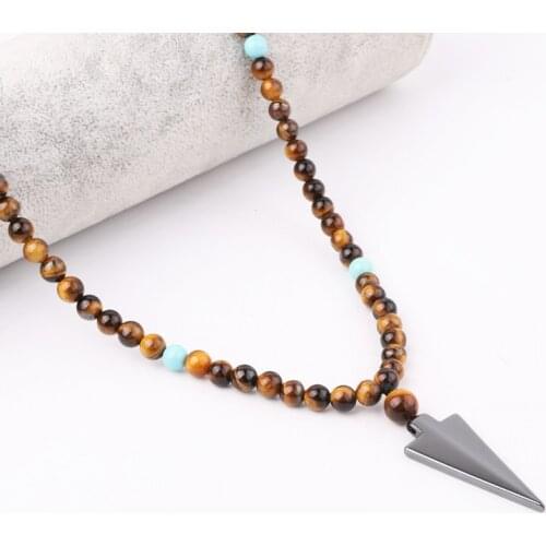High Quality 24 Inches New Design Natural Stone Tiger Eye Beads Hematite Triangle Charm Pendant Necklace For Men