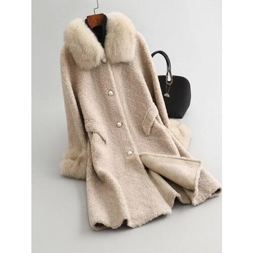 2019 new winter grain velvet lamb fur coat women fur coat long sheep sheared fox fur collar wollen coat