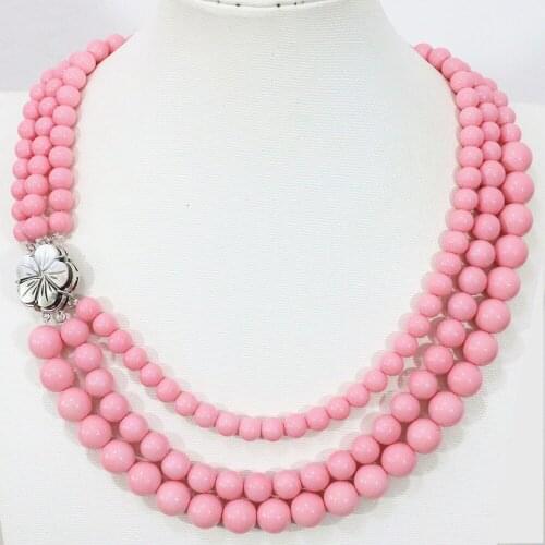 Charms Pink Round Shell Baking Paint Glass 8-12mm Beads 3 Rows Necklace Natural Abalone Shell Flower Clasp Women Jewelry B1418