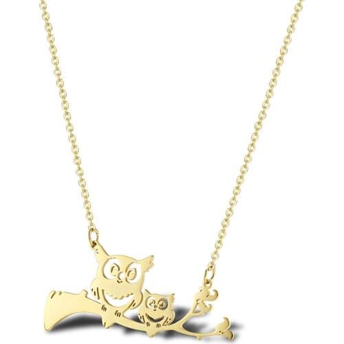 RIR Stainless Steel Twig Owl Mother Kids Necklace Unique Animal Ladies Jewelry Necklace For Mother Birthday Gifts