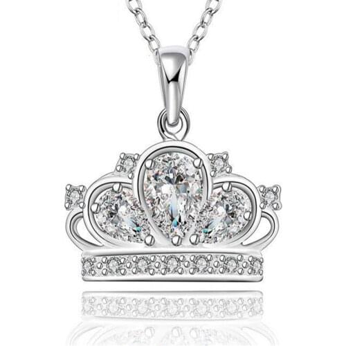 Genuine 100% 925 Sterling Silver colorFairytale Tiara Necklace, Clear CZ Women Pendant Necklace Sterling Silver colorJewelry