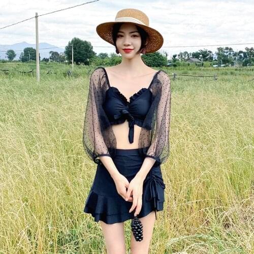 Split swimsuit skirt-style three-piece boxer fairy high waist long sleeve sunscreen slim hot spring swimsuit