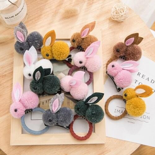 Cute Pompom Ball Rabbit Hair Ties Korean Elastic Rubber Hair Bands Bunny Hair Clip Hairpin Childrens Hair Accessories for Girls