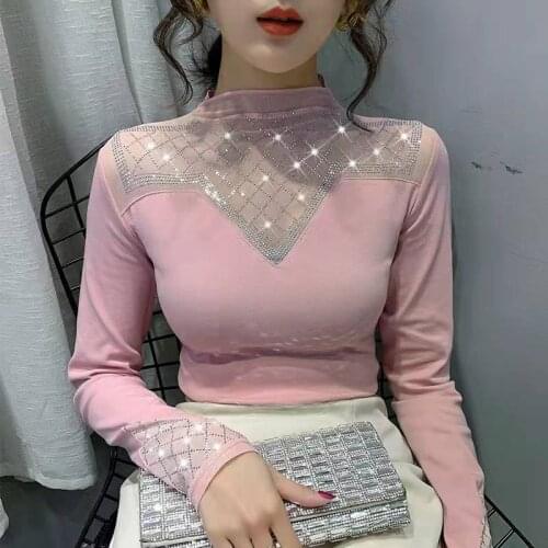 Sexy Transparent Women T Shirt Shiny Rhinestone bottoming shirt tops Long Sleeve Sheer Slim Ladies Turtleneck T-Shirt