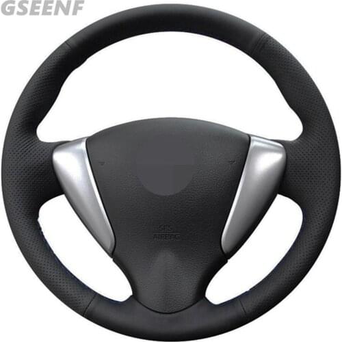 Car Steering Wheel Cover For Nissan Tiida Sylphy 2015-2012 Versa 2019-2015 Versa Note Black Hand-stitched Soft Genuine Leather