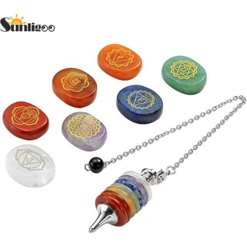 Sunligoo 7 Chakra Healing Crystals Dowsing Pointed Pendulum Chakra Symbol Oval Worry Palm Stones Therapy Gemstones Healing Kit