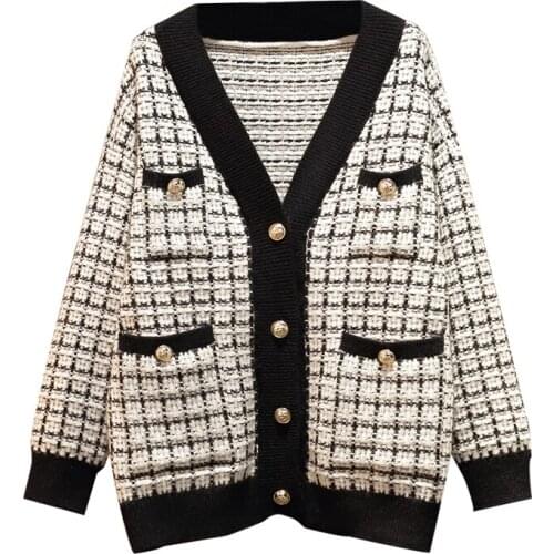 XL-5XL Women Autumn Winter V Neck Plaid Twist Sweater Coat Metal Buttons Oversized Knitted Cardigan Jacket Outerwear