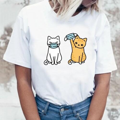 Two Cat Print Funny Women Tshirts Round Neck Short Sleeve Kawaii Tee Shirt Femme 2021 Summer Loose Kawaii Top Women Clothes