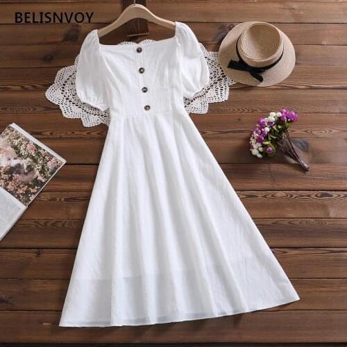 2021 New Summer Korean Chic Women White Dress Retro Square Collar Lantern Sleeve A-line Dress Hepburn Style Fairy Vestidos