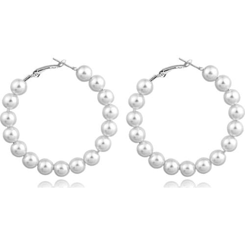 1 Pair European Cute Brightly Exquisite Peal Circle Bead Large Hoop Earrings White Color Charm Earrings For Women Jewelry E77-2