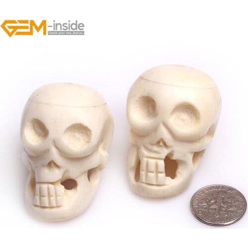 Gem-inside 33x42mm 2pcs Natural Large Carved Bone Skull Beads For Halloween Jewelry Making Decoration Sphere Bulk DIY Beads