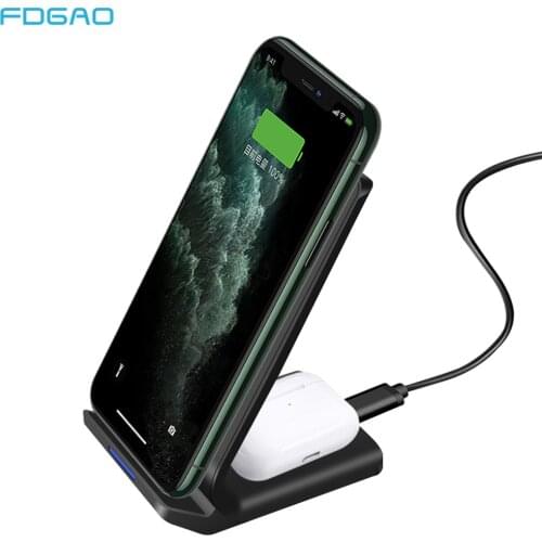 FDGAO 2 in 1 Wireless Fast Charging Stand Dual Qi Charger 15W for iPhone 11 XS XR X 8 Plus Airpods Pro for Samsung S20 S10 Buds
