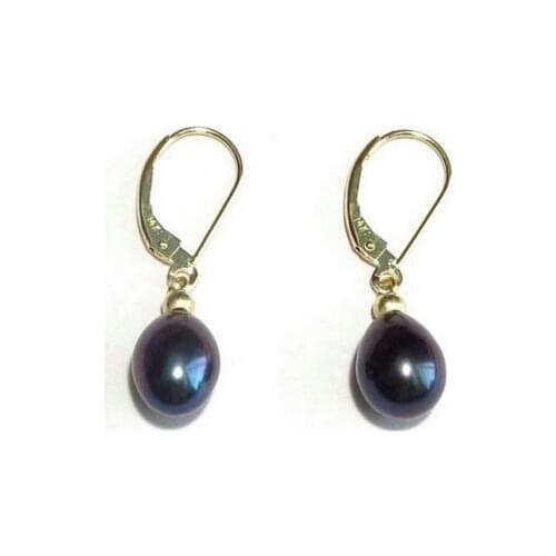 Free shipping >>>>noble jewelry Genuine AAA Cultured 9-10mm Black Pearl Lever Back Earrings in 14K Yellow Gold