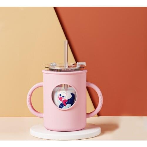 Anti-fall Milk Cup Double Handle Childrens Water Cup With Graduated Glass Silicone Binaural Straw Cup Microwave Heating