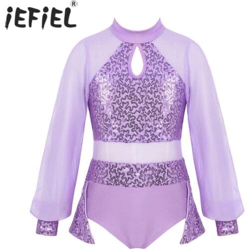 Kids Girls Split Ballroom Dancing Gymnastics Leotard Sparkly Keyhole Splice Leotard Dress for Contemporary Dance Class Costumes