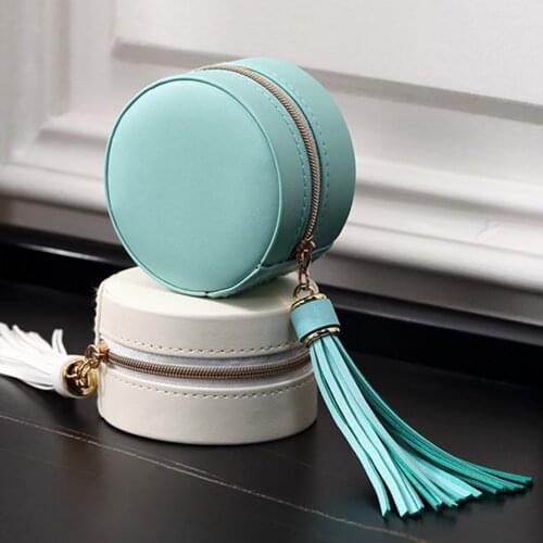 Travel Jewelry Case PU Leather Small Round Jewelry Organizer Solid Color Rings Earrings Box For Women Easy To Carry
