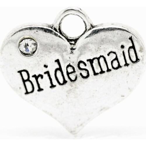 Two Sides Antique Silver Plated Crystal Bridesmaid Message Heart Wedding Bridal Charm Pendant Groom Jewelry