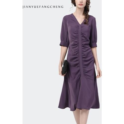 Elegant Shirred Purple Long Dress Women Summer New V-Neck Half Sleeve High Waist Bodycon Office Ladies Party Dresses Plus Size