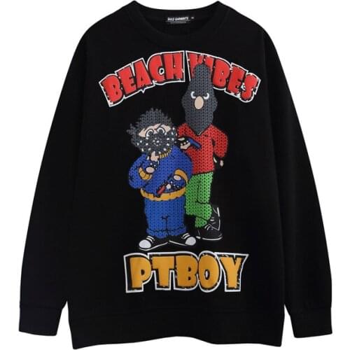 EukaaRu Men Streetwear Funny Cartoon Print Round Neck Sweater Mens Fashion Hip Hop Pullover Sweatshirt Autumn Hoodless Hoodies