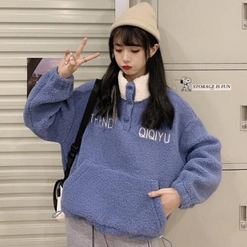 Letter Embroidery Lambswool Buttons Clothes Women Hoodie Autumn Winter Korean Style Velvet Tops Oversize Sweatshirt