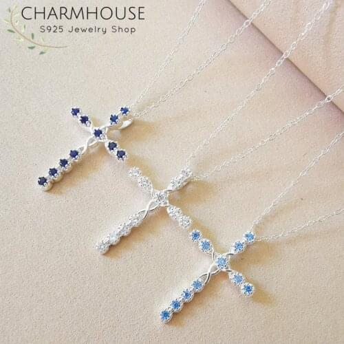 Crystal Necklaces For Women Cubic Zirconia Cross Pendant & Necklace S925 Sterling Silver Rhinestone Jewelry Collier Femme Choker