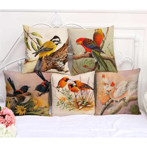 Throw Pillow Cases Pretty Flower Bird Painting Cushion Cover 45x45cm Home Living Room Decoration Linen/Cotton Pillowcover Decor