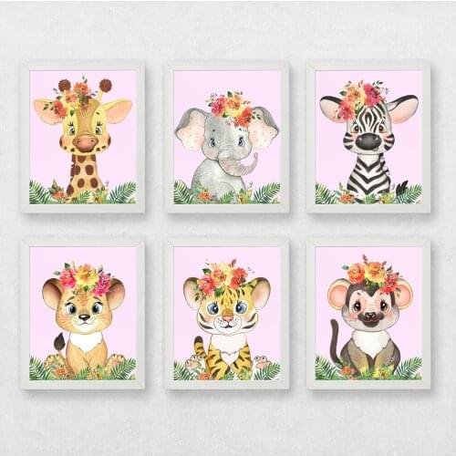 Wildlife Poster Watercolor Flower Prints Elephant Zebra Wall Art Modern Canvas Painting Kindergarten Childrens Room Home Decor
