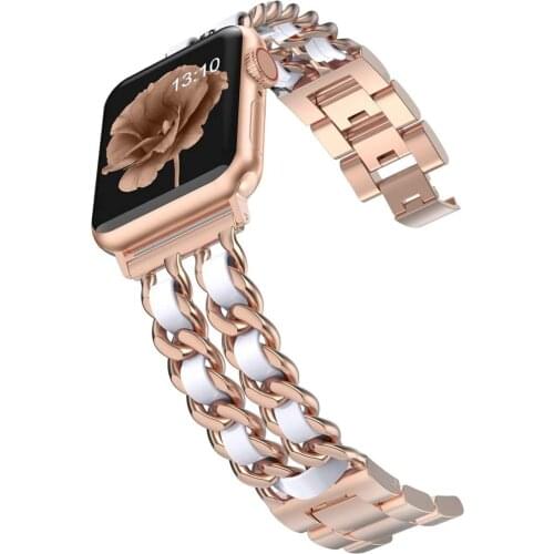 Metal Chain Link Apple Watch Bands with Leather for Women compatible with 38mm 40mm 42mm 44mm, Dressy Strap for Series 654321SE