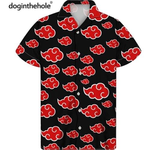 Doginthehole Red Akatsuki Logo Pattern Mens Fashion Anime Shirts Summer Casual Short Sleeve Tops Comfortable Hawaiian Shirt