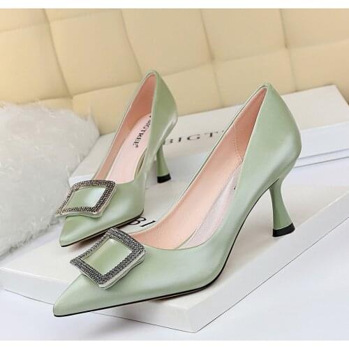 BIGTREE Large Size Womens Shoes Single Shoes Womens 43 Thin Heels High Heels New Cat Heel Button Wedding Shoes Womens Pumps