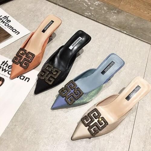 High-heeled Shoes Women Sandals Summer Wear Half Slippers Pointed Toe Rhinestone Buckle Stiletto Zapatos De Mujer