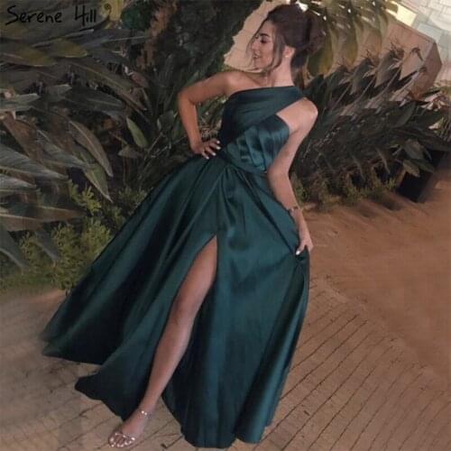Green One Shoulder Sexy Satin Prom Dresses 2020 Sleeveless Ruched Simple Prom Gowns Long Serene Hill BLA70204
