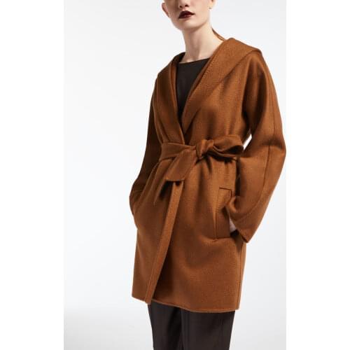 Obrix Spring Autumn 2020 Cashmere Female Hooded Coat Belt Closure V-Neck Casual Streetwear Full Sleeve Trendy Coat For Women