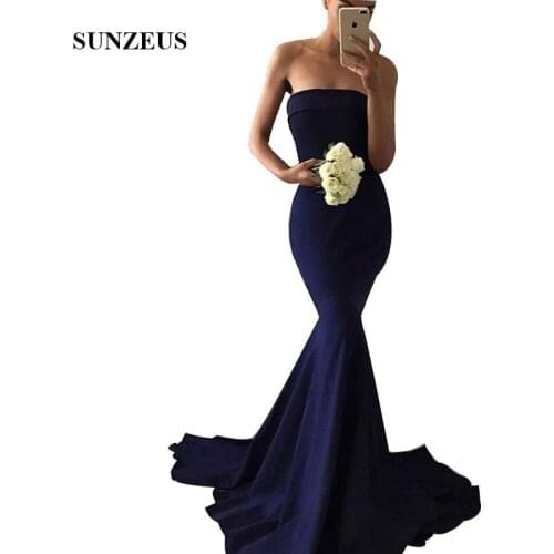 Dark Navy Blue Bridesmaid Dresses 2020 Simple Elegant Mermaid Strapless Women Wedding Party Gowns robe femme soiree de mariage