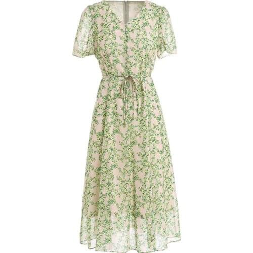 Gowani Real Silk Premier Quality Vintage Disty Floral Printed V-neck Button Short Sleeve Tie Waist A-line Dress