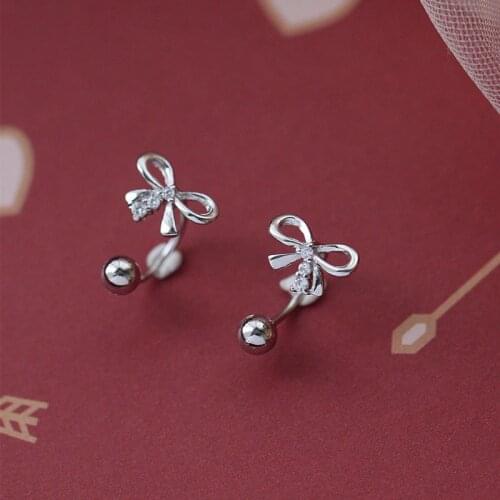 100% Real 925 Sterling Silver Earrings Cute Female Small Bowknot Stud Earrings White Crystal Zircon Stone Earrings For Men Women