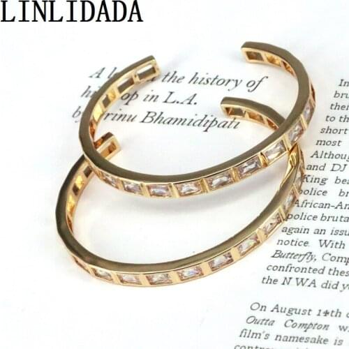 4Pcs, New baguette cubic zirconia bracelet for women luxury jewelry Gold color clear cz shiny gorgeous trendy bangle