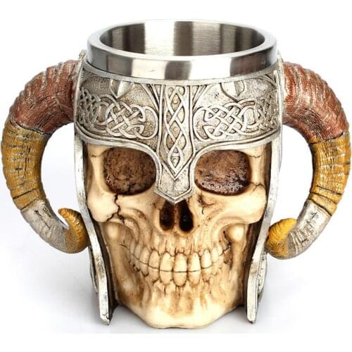 600ml Skull Coffee Mug Retro Horn Skull Resin Beer Mug Stainless Steel Cups and Mugs Halloween Gifts Bar Cup Drinking Tumbler