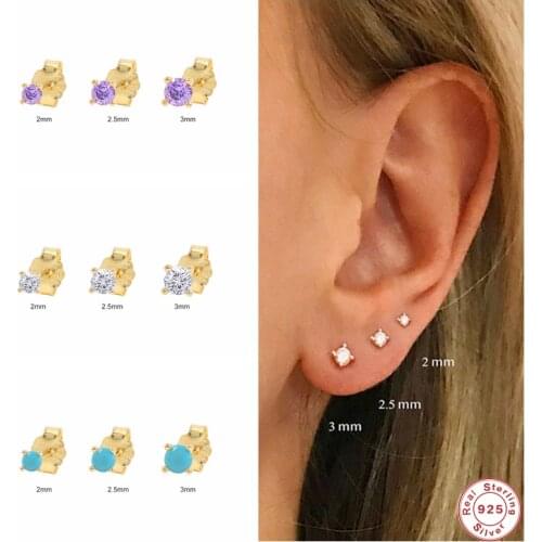 GS 925 Sterling Silver 2/2.5/3mm Round Rhinestone Stud Earrings Minimalist Four-claw Colored Zircon Ear Studs Jewelry 3PCs