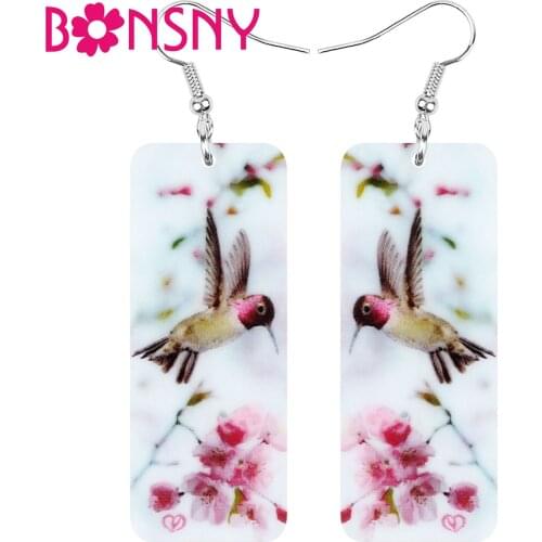 Bonsny Acrylic Rectangle Hummingbird Earrings Long Flower Charm Bird Animal Dangle Drop Jewelry For Women Kids Gift Accessories