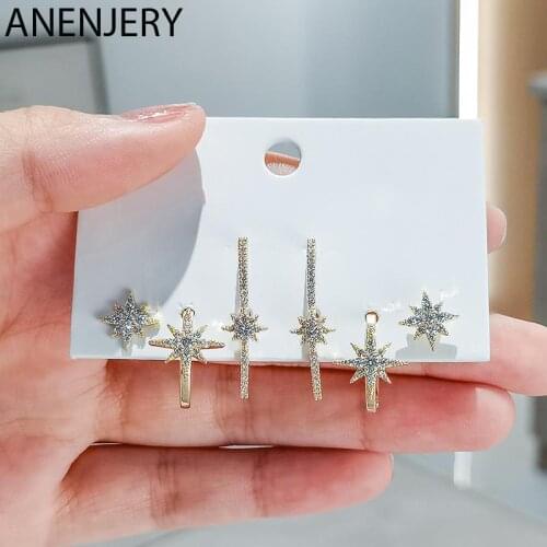 ANENJERY 6 pieces/set 925 Sterling Silver Star Earrings Set for Women Personality Luxury Micro Zircon Earrings Party Jewelry