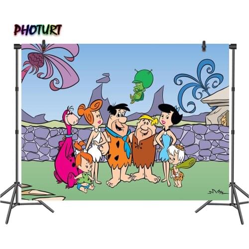 PHOTURT Flinstones Green Garden Photography Backdrops Kids Birthday Party Background Flower Stone Vinyl Photo Studios Props