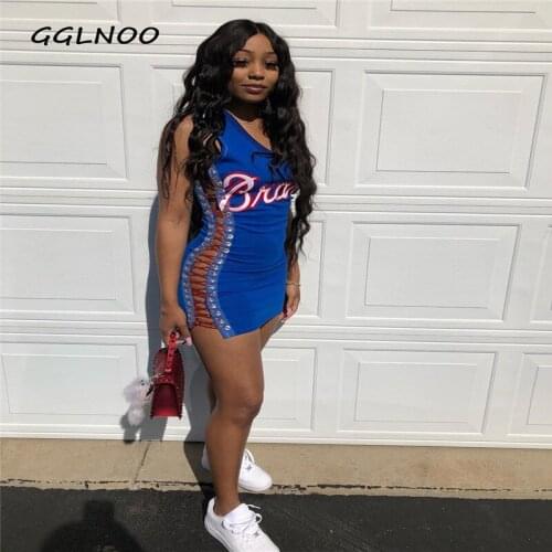 GGLNOO Women New Sexy Bodycon Dress Summer Sleeveless Lace Up Letter Print Sexy Short Mini Dress Female Casual Dress